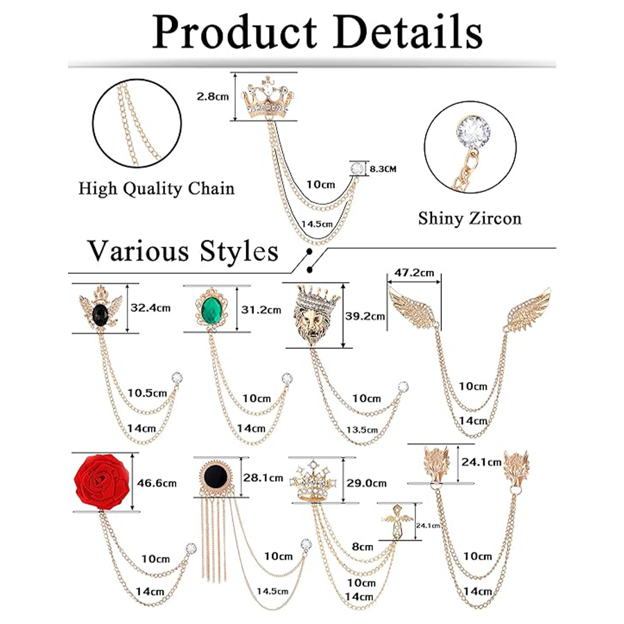 9Pcs Tassel Chain Brooch Collar Pins Rose Flower Rhinestone Angel Wings Wolf Head Hanging Chains for Suit Lapel Tuxedo Shirts Tie Brooch Pin Fashion J