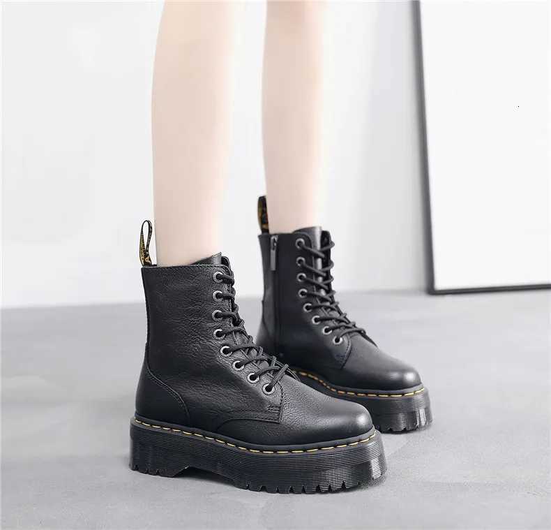 Highquality Women Shoes Genuine Leather Platform Boots Large Size Black Leather Ankle Boots Thick Bottom Motorcycle Boots W250902