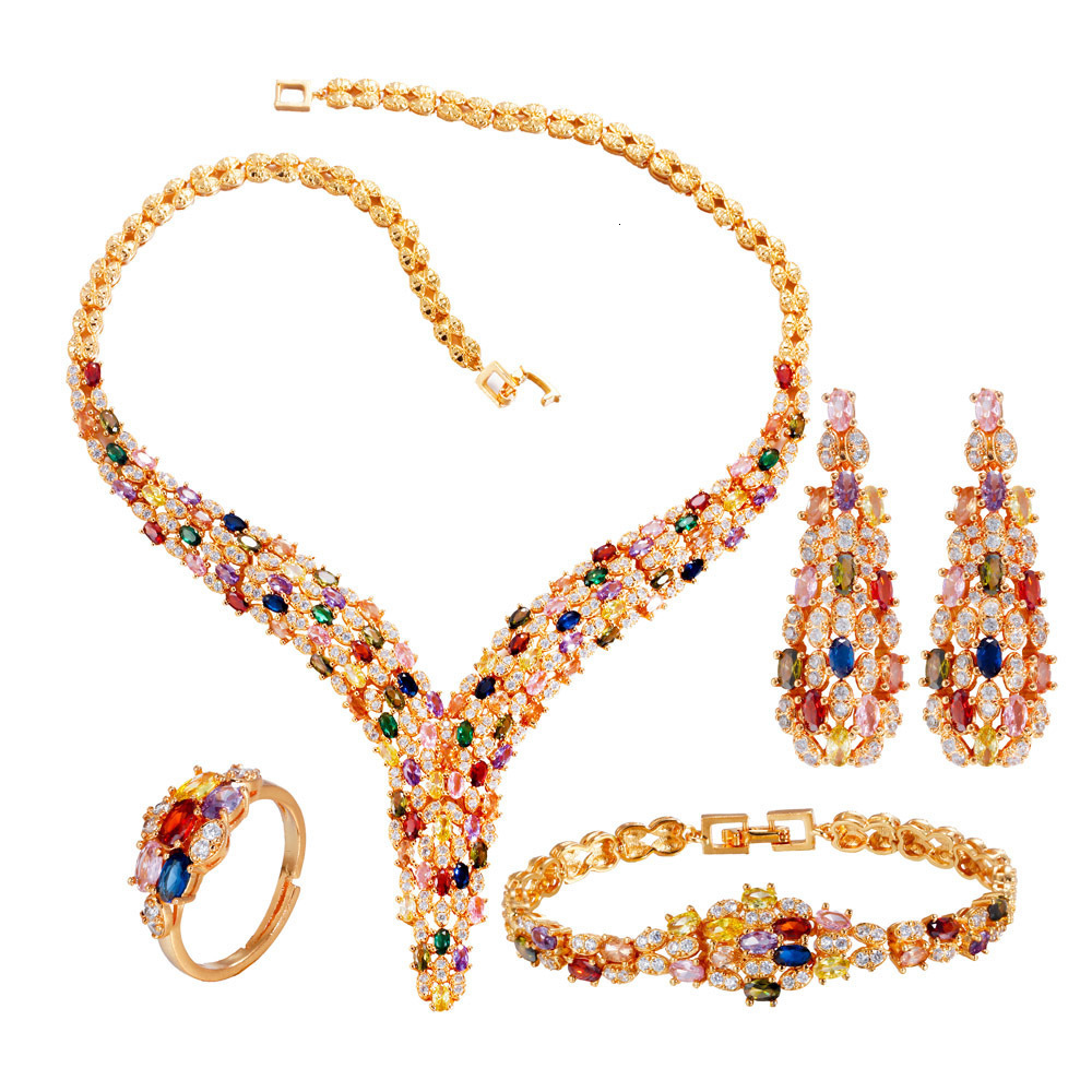 Full Diamond Colorful Collarbone Chain Earring Set Dress Evening Bridal Exaggerated Zircon FourPiece Set