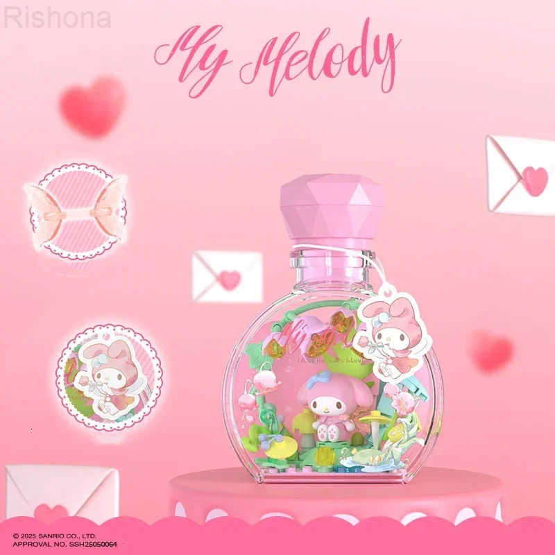 Sanrio Hello Kitty Kuromi Pochacco Perfume Bottle Blind Box Anime Model Peripherals Bricks with Light Ornaments Kids DIY Toy Gift H251104