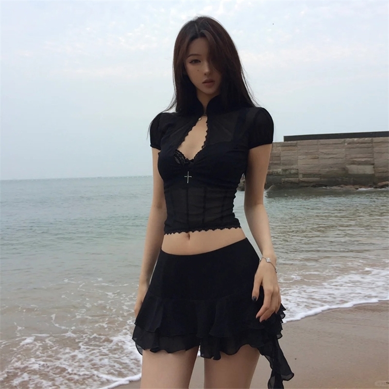 Tonngirls Y2k Fairycore Two Piece Set For Women Hollow Out Lace Mesh Shirt Irregular Mini Shirts Vintage Skirt Sets Japanese 250901