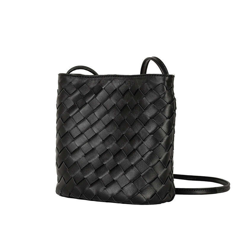 DHpet_wholesale Genuine Lambskin Woven Bucket Bag - Unisex Crossbody Purse with Magnetic Closure, Small Leather Shoulder Bag for Daily Use