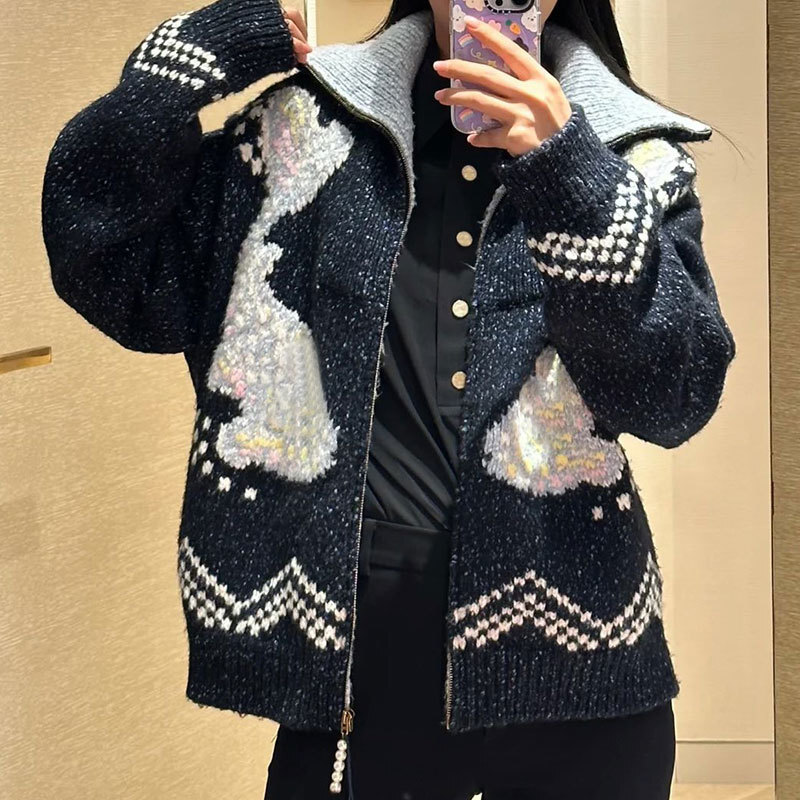 Versatile Chic Fall New Ladies Black Jacquard Zip Up Jacket Classic Trendy Lapel Knit Coat With Detailed Embroidery Casual Elegant Clothing S0903