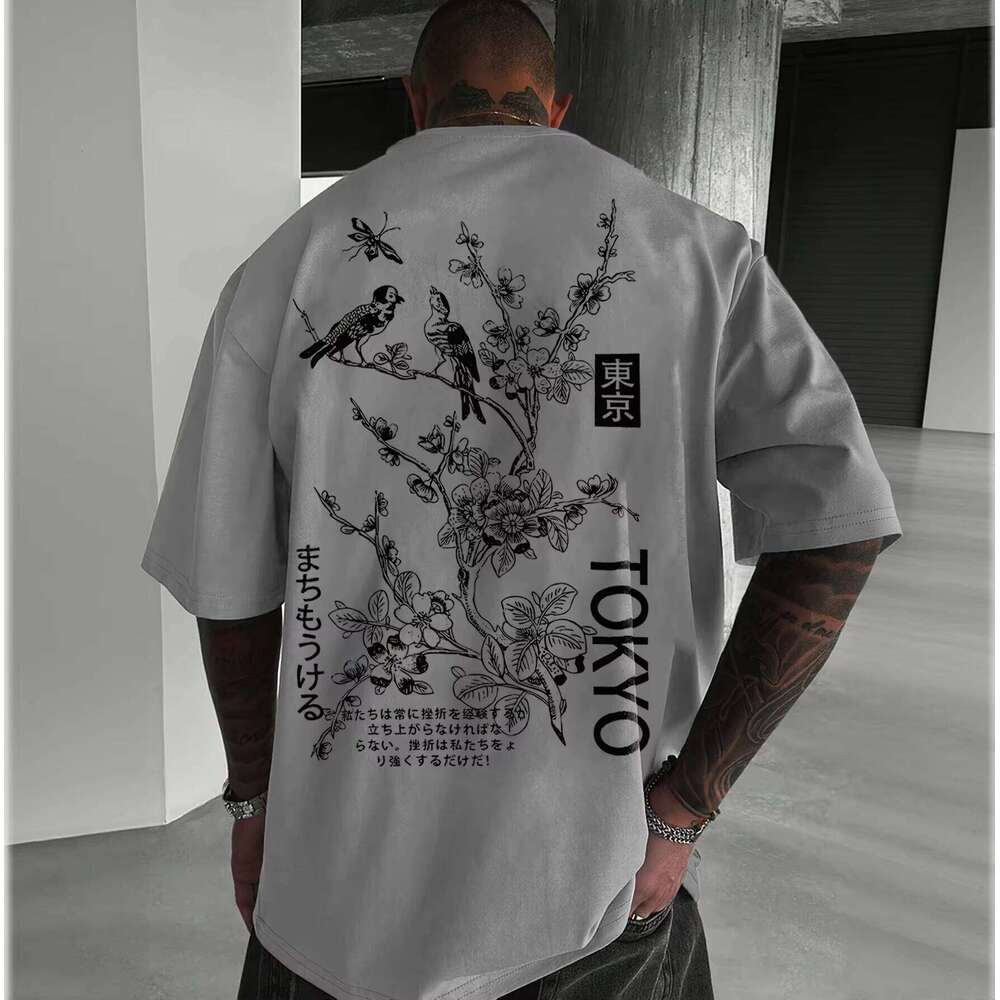 High Quality 100% Cotton Summer Casual Floral Bird Japanese Print Oversized Round Neck Short Sleeve Breathable Men's T-Shirt