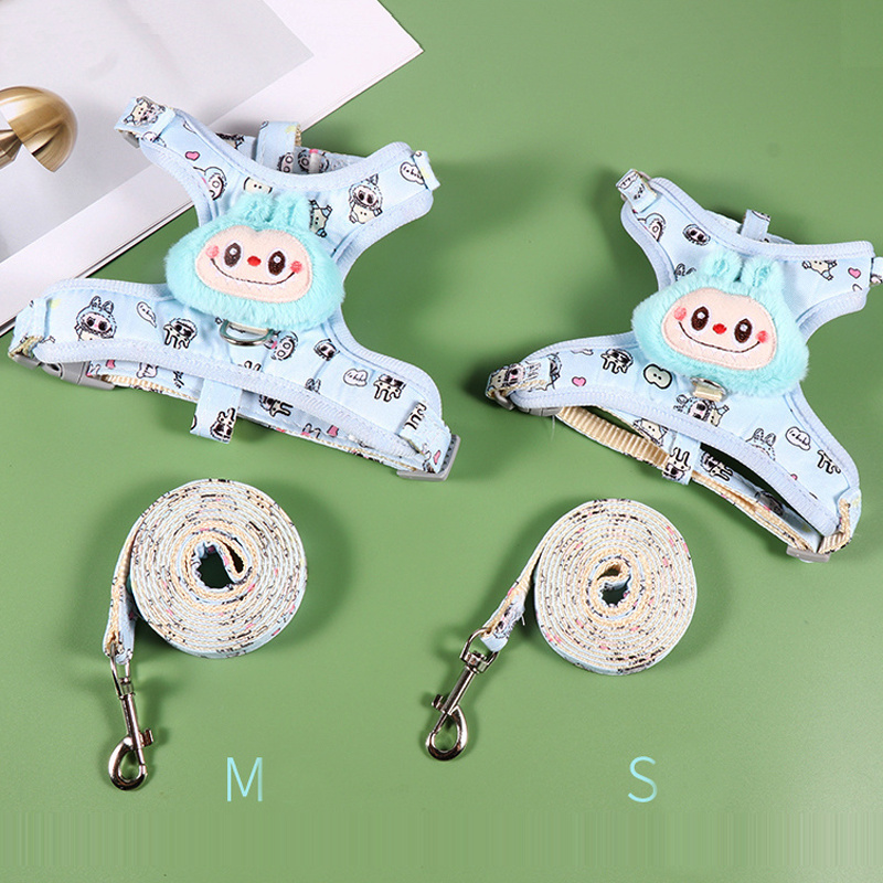 Labubu Designer Dog Harness Leash Set, Step-in Soft Mesh Puppy Cats Harnesses Vest with Cute Doll Decorations Breathable Harness