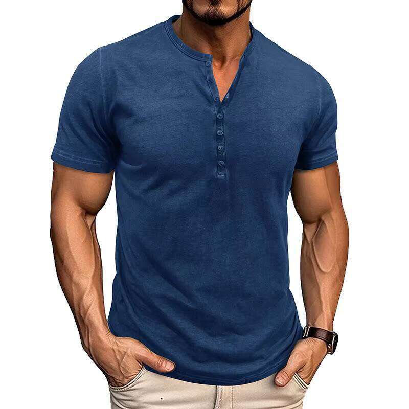 100% Pure Cotton Men's T-Shirt Button Short Sleeve Solid Color Outdoor Commuting 180g Knit Summer Style
