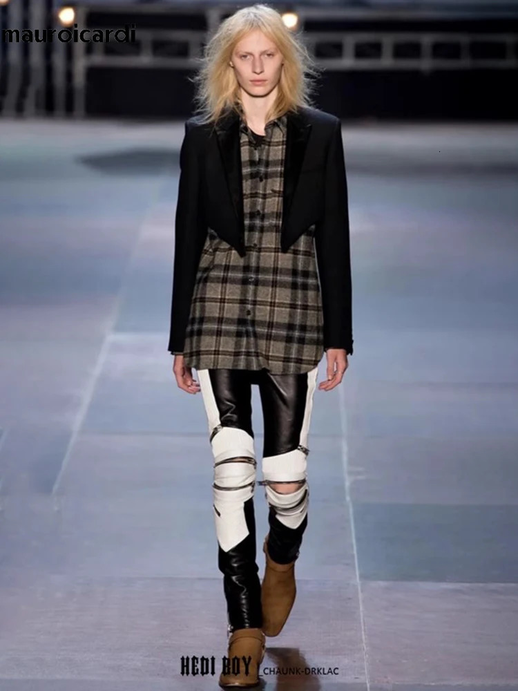 Mauroicardi Autumn Long Skinny Stretchy Whit and Black Patchwork Pu Leather Pants for Men Many Zippers Clothes 250901