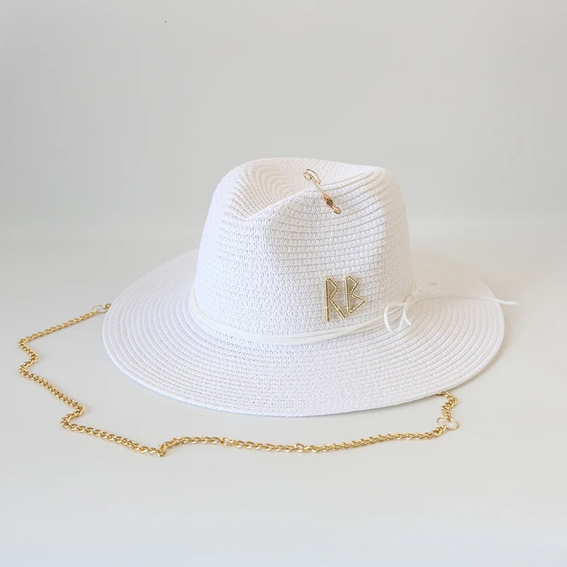 Fashionable Metal RB Letter Straw Hats for Women Men Summer Outdoor Holidays Beach Sun Hat Straw Hats for Women Fashion Panama 250902
