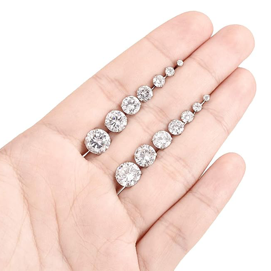 7 Pairs 18G Stainless Steel Stud Earrings Push Back Round Cubic Zirconia Barbell Earring Set 2MM-8MM Silver Tone