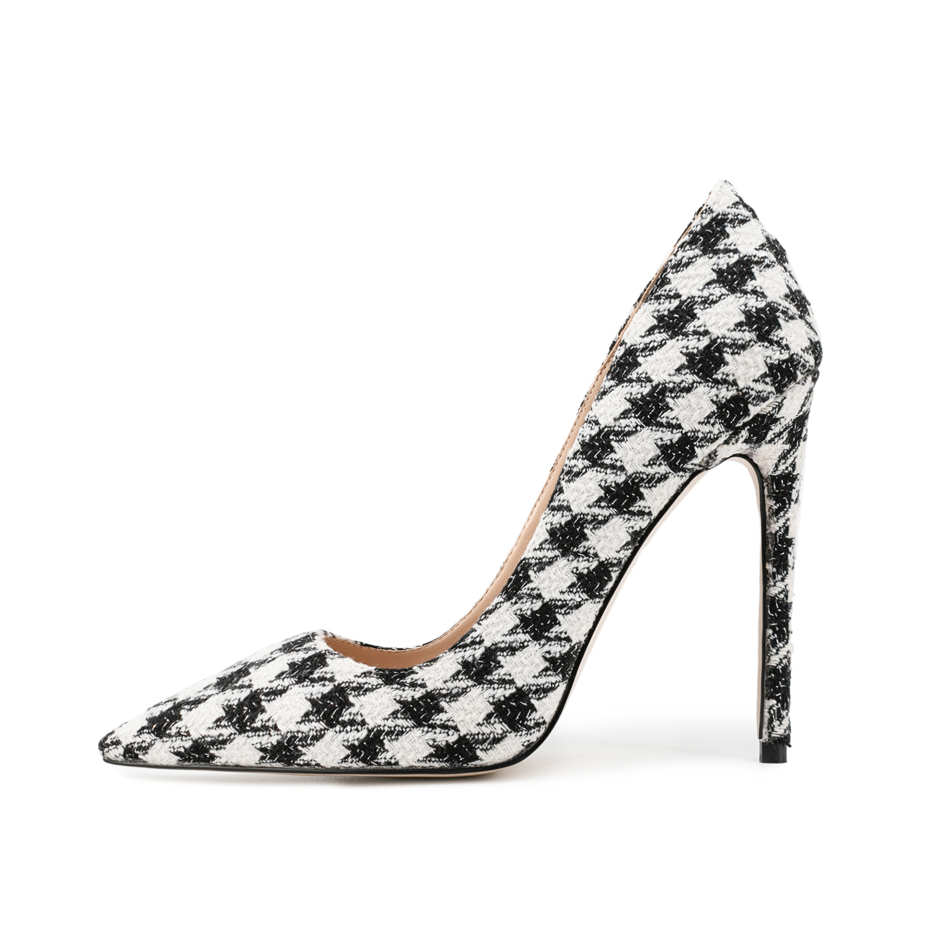 Chengdu Handmade Checkered Pointed Toe Stiletto Pumps - 12cm Runway Model Heels (Black/White) Party Performance Dress Shoes