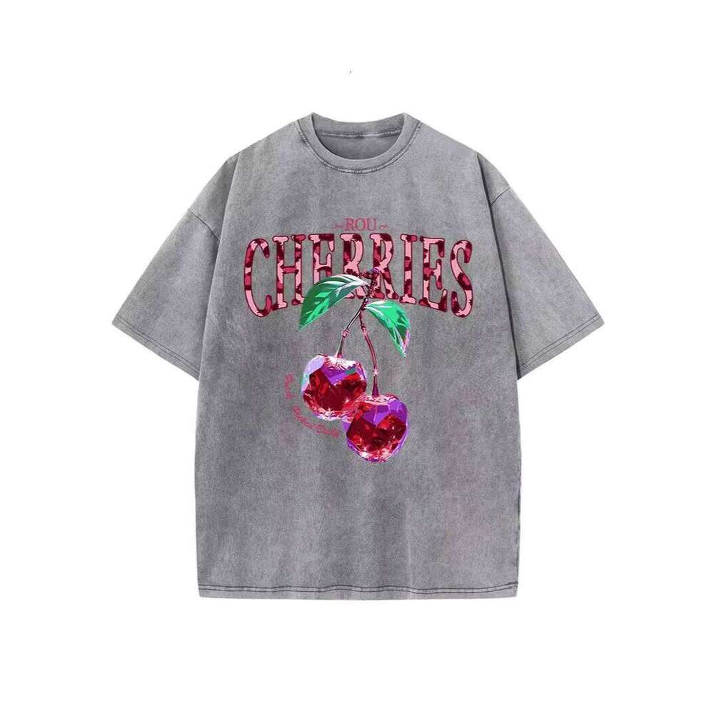 Men's 100% Cotton 300g High-Quality Cherry Print Loose Short-Sleeve Knitted Casual T-Shirt