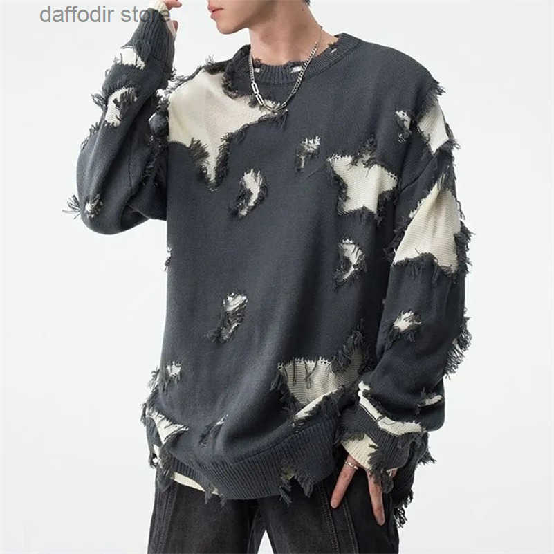Mens Autumn Winter Y2k Hole Distressed TwoPiece Sweater Essential Oversize Loose Trendy High Strt Retro Knitted Sweater 240927 S250902