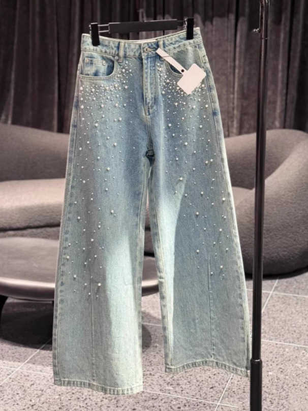 Version of heavy-duty tumbled diamond jeans 25 new handmade pearl wide-leg pants high-waisted ladies L250902