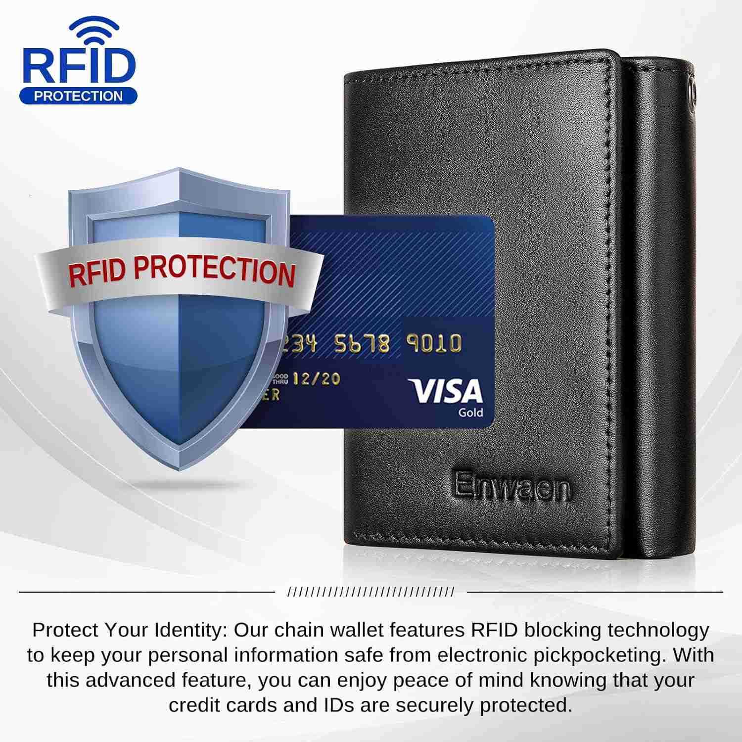 Mens Wallet with Chain Genuine Leather Trifold Wallet RFID Blocking AntiTheft Chain for Biker MotorcycleBlackZ250911