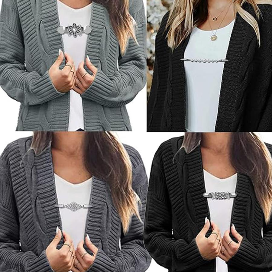 12pcs Vintage Sweater Shawl Clips Retro Cardigan Collar Shirt Waist Dresses Chain Clip Antique Flowers Pattern Brooch Pins Women