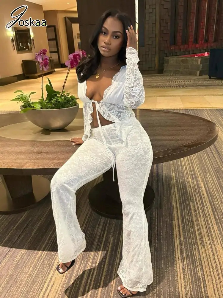 Joskaa Lace Jacquard 2 Piece Sets Women Sexy LaceUp Full Sleeve Cardigan Tops and Flared Pants Matching Midnight Clubwear 250902