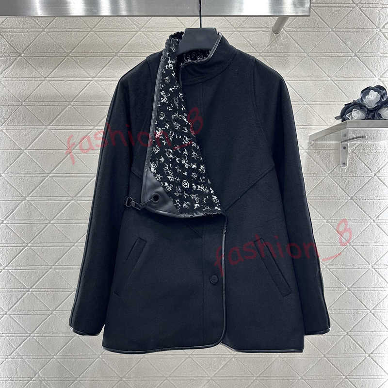 Designer Women's Wool & Blends 2025 New Printed Deconstructed Shawl Coat Wool Material Comfortable and Warm High-Quality Texture High Stand Collar Buttoned Coat