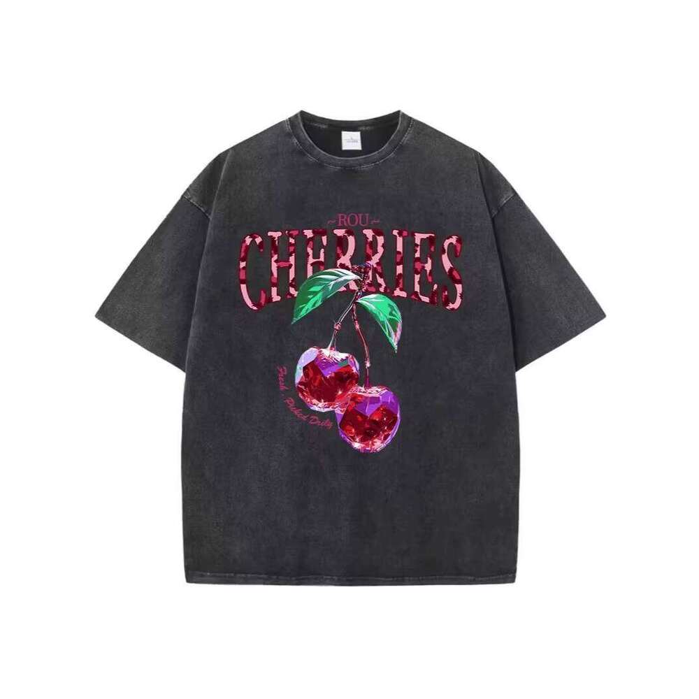 Men's 100% Cotton 300g High-Quality Cherry Print Loose Short-Sleeve Knitted Casual T-Shirt