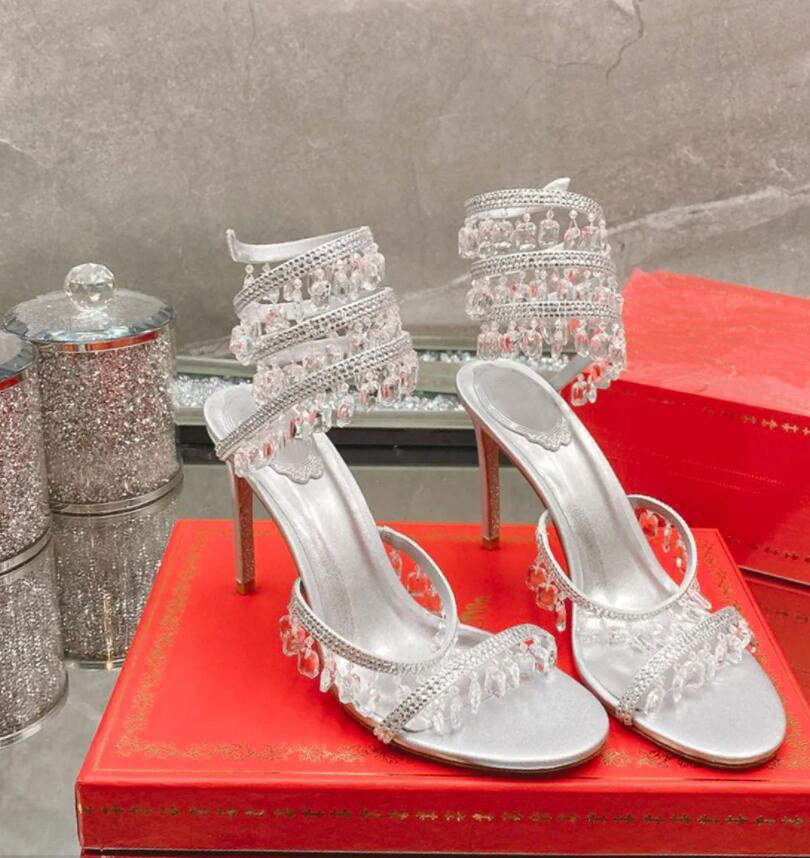 Nice Cleo Sandal Women's leather heeled Cleo chandelier crystal high heel fashionable snake wrap ankle strap dress White Chandelier Bead-embellished