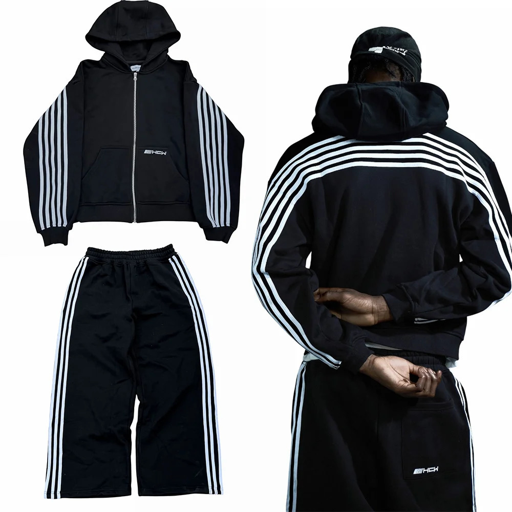 HCW Striped Embroidered Black Hoodie Sweatpants Two Piece Suit Y2K Sportswear Letter Embroidery Oversized Zipper Sweatshirt Pant 250902