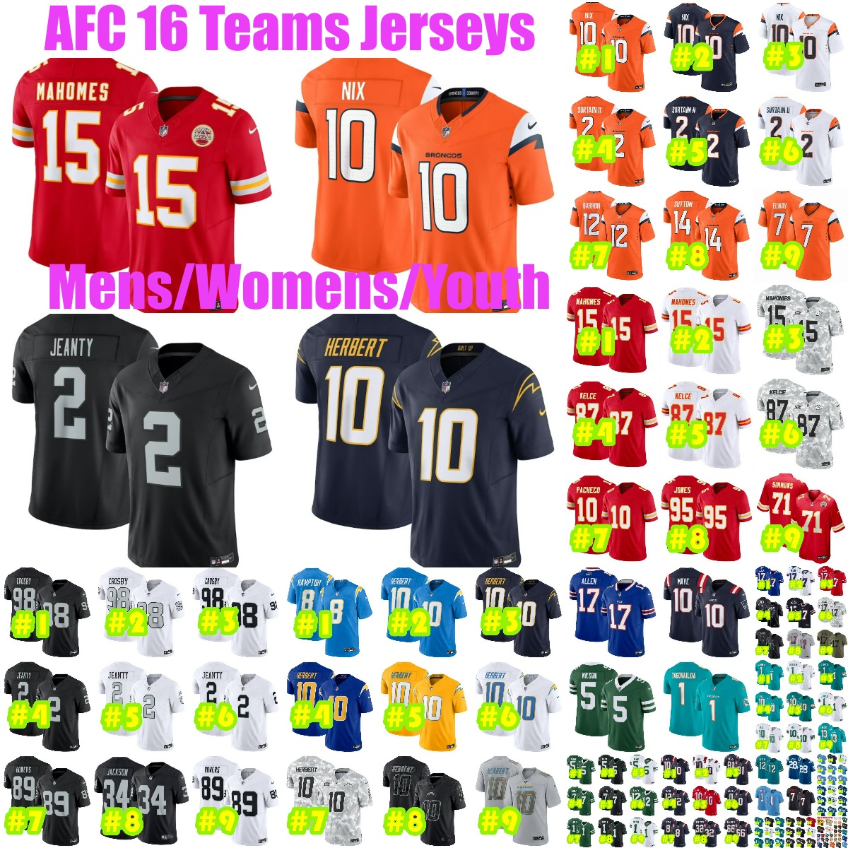 16AFCteams Patrick Mahomes Bo Nix Football Jersey Travis Kelce Isiah Pacheco Maxx Crosby Ashton Jeanty Brock Bowers Justin Herbert Khalil k C.J. Stroud Jerseys