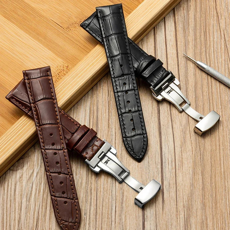 Watch Band with Wooden Box Butterfly Clasp Watchband Replacement Genuine Leather Strap 18mm 20mm 22mm Bracelet Watch Accessories 250902