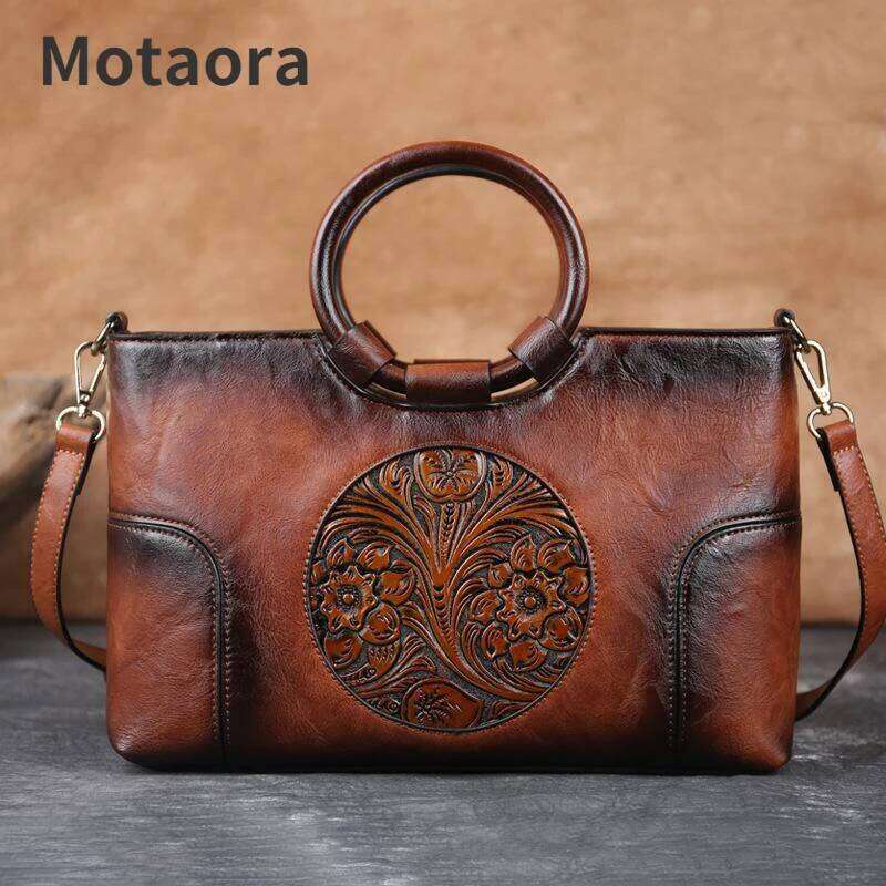 2025 New High Quality Leather Handbag Retro Handmade Emed Shoulder Bag For Women Large Capacity Female Messenger Bags