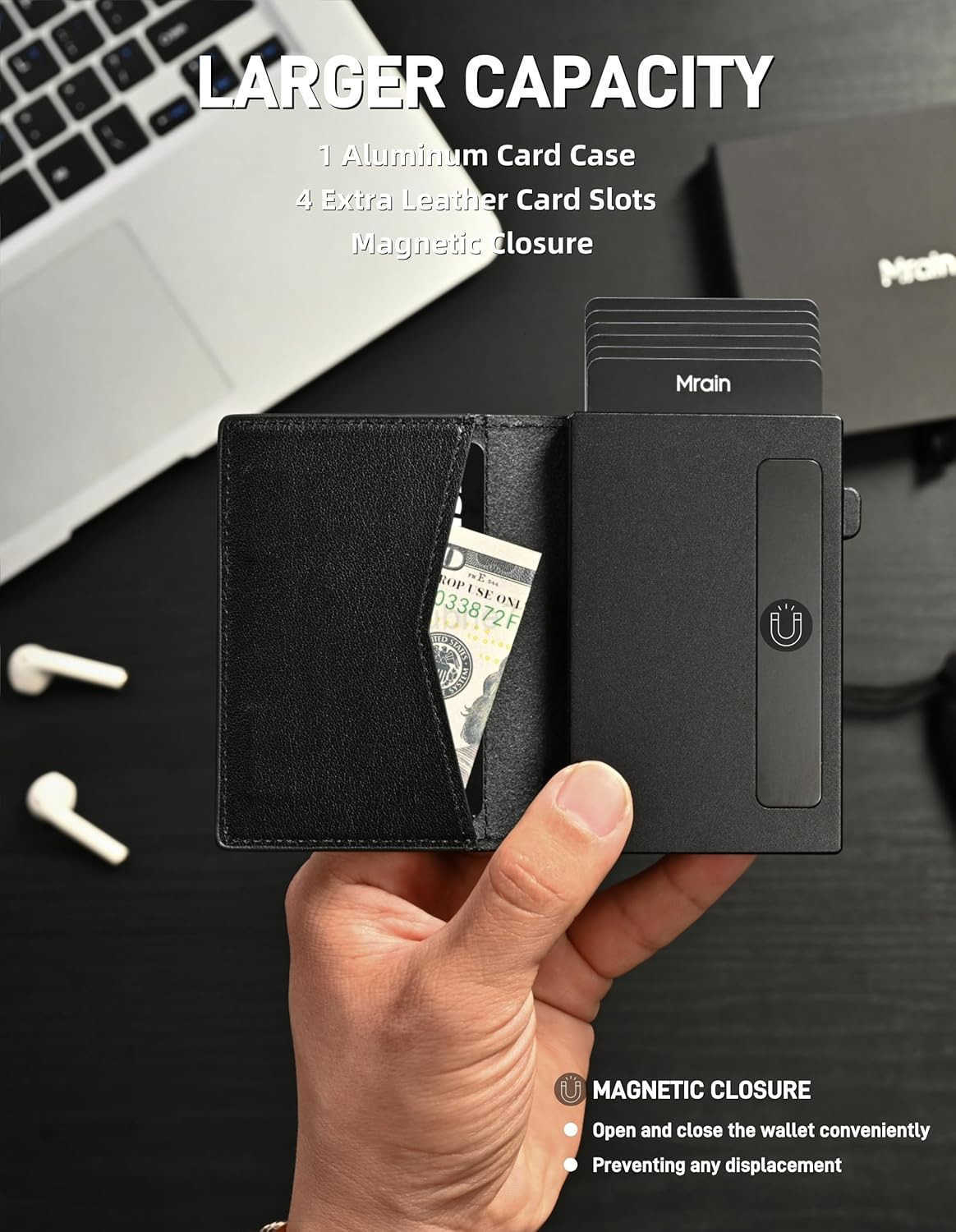 Mens Slim Premium Leather Wallet Pop Up Card Holder RFID Blocking Metal Wallet with Push Button Minimalist Design for CARD Holder Magnetic Closure Bla