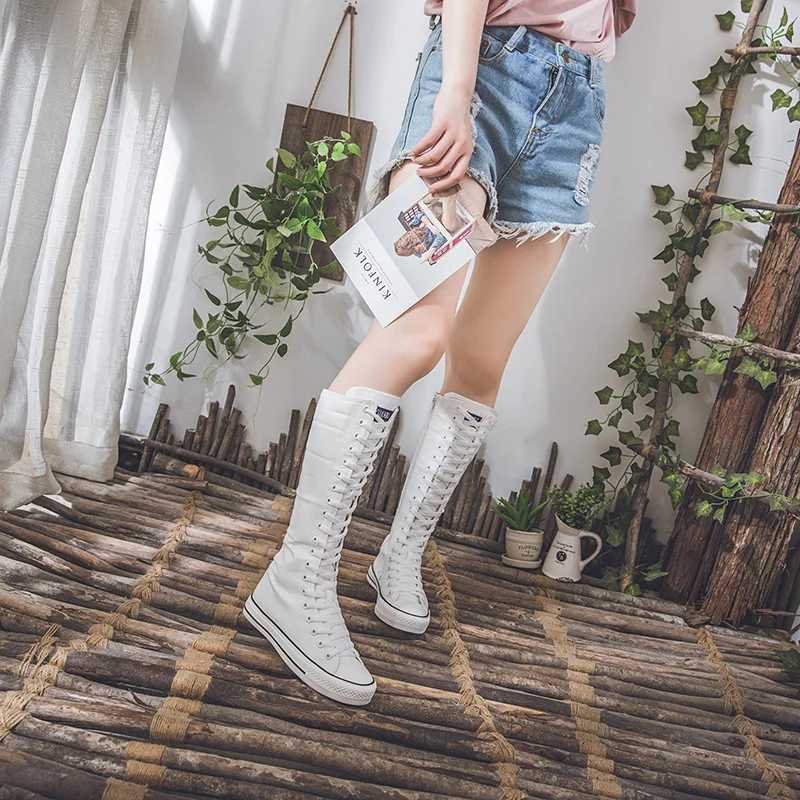 Canvas Long Boots for Women High Top Women Canvas Shoes Lace Up Knee High Boots Flats Casual Vulcanized Shoes Sneakers Girls W250902
