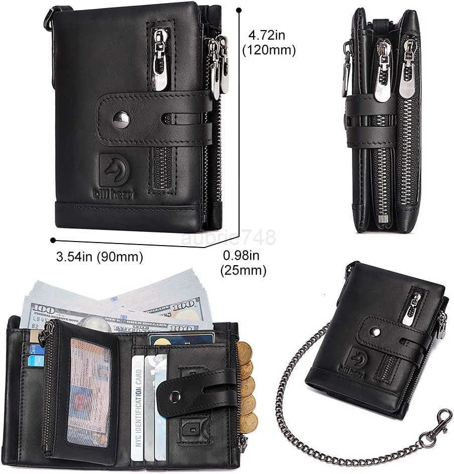 Mens Wallet with Chain Genuine Leather Purse RFID Blocking Bifold Double Zipper Coin Pocket with AntiTheft ChainZ250911