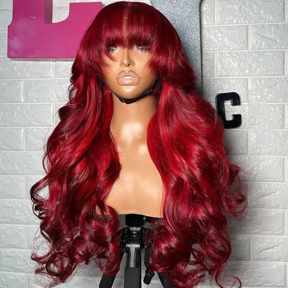 13x4 Red Human Hair Wig With Bangs HD Transparent Lace Front Wig Body Wave Lace Frontal Wig For Women Wear And Go Glueless Wig Synthetic