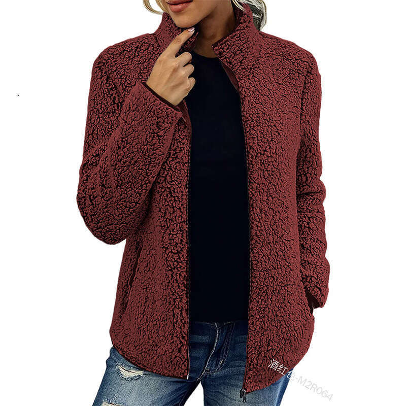 2025 Stand Collar Solid Color Sweatshirt Women's Casual Fashion Long Sleeve Zipper Bubble Fleece Jacket