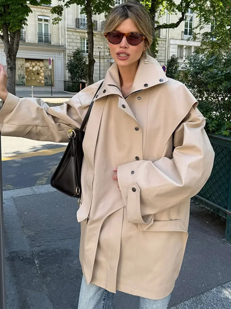 Women Stand Collar Trench Coats Fashion Button Long Sleeve Pocket Singlebreasted Windbreaker Lady High Street Outerfit 250902