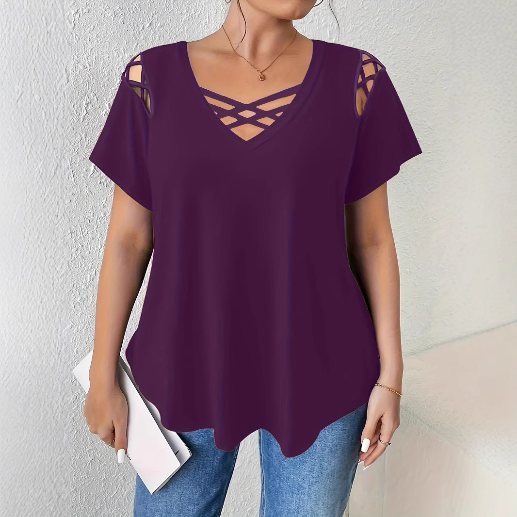 2025 New Womens Vneck Solid Color Short Sleeve Cross Strap Detail Tshirt Womens Fashion 250526