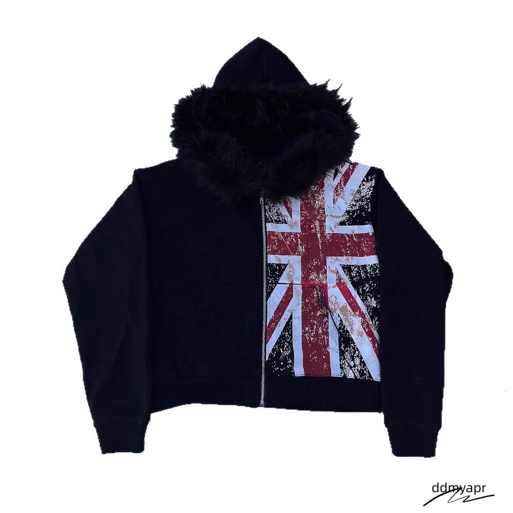 Men's Hoodies Black Printed National Fur Collar ddmyapr Oversized Hoodie Men Street Retro Clothing High Trendy Brand Zipper Sweatshirt ddmyapr