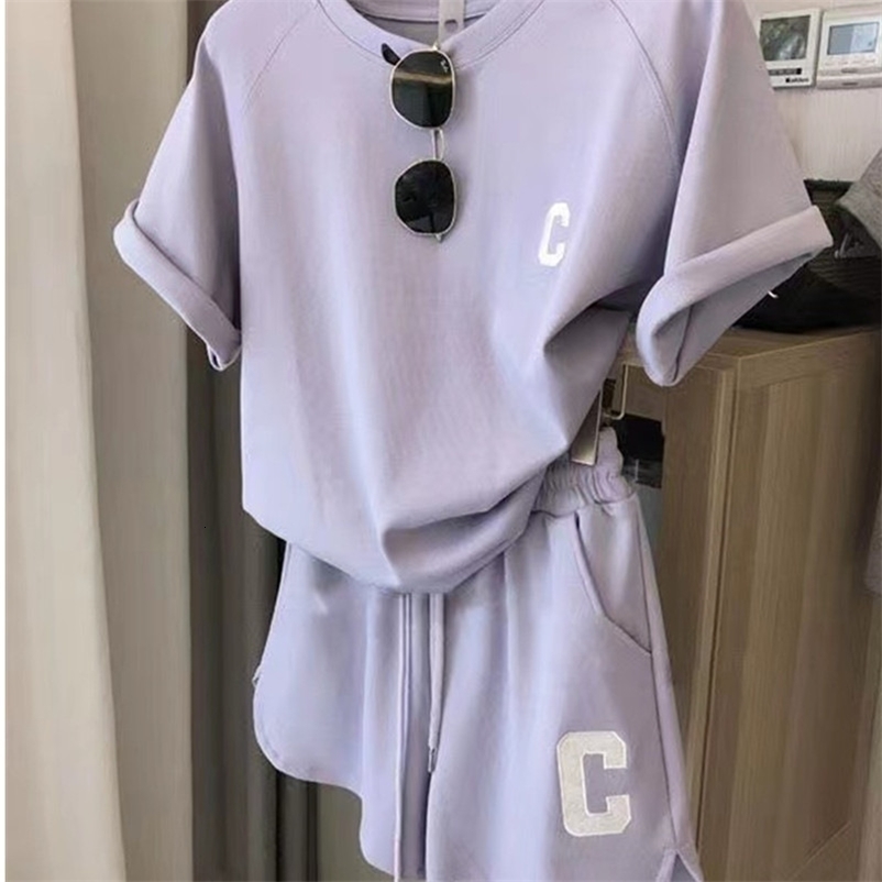 Women Tracksuit C Letter Print Short Sleeve Tshirt Drawstring Shorts Sport Suit Lady Exercise Tshirt Shorts Twopiece Suit 250902