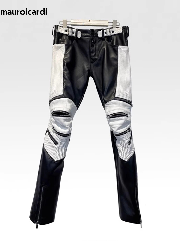 Mauroicardi Autumn Long Skinny Stretchy Whit and Black Patchwork Pu Leather Pants for Men Many Zippers Clothes 250901