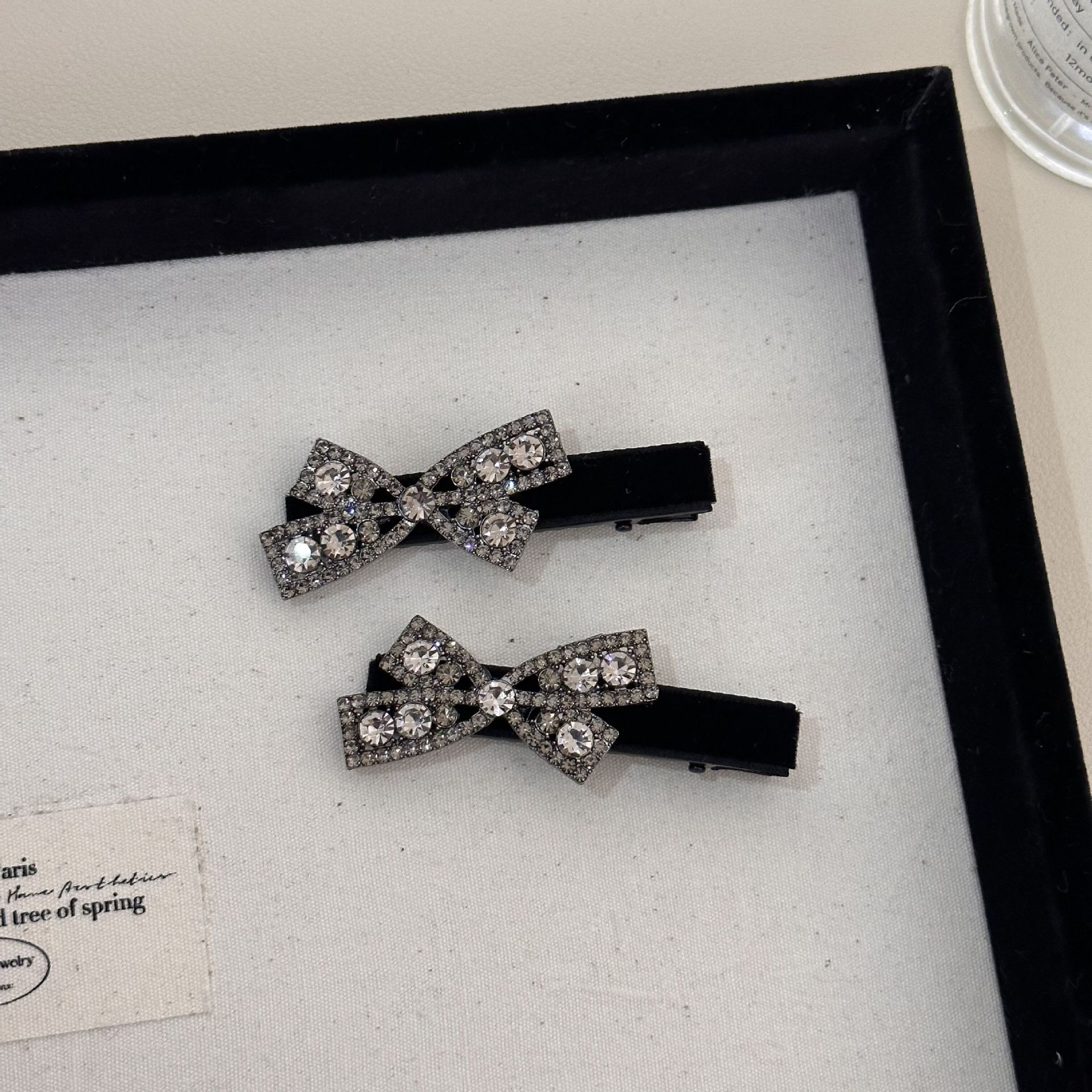 Hair Clips Barrettes Black Velvet Hair Clip with Full Diamond Embellishment - Luxury Bow Side Pin