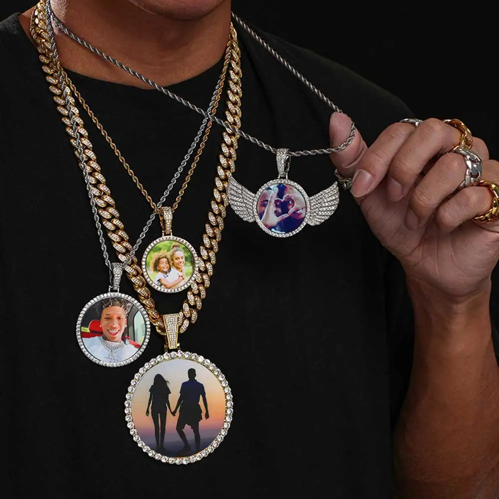 Custom Angel Wing Round Memory Po Necklace Men Women Personalized Jewelry Customized Picture Pendant Charm with Tennis Chain 250902