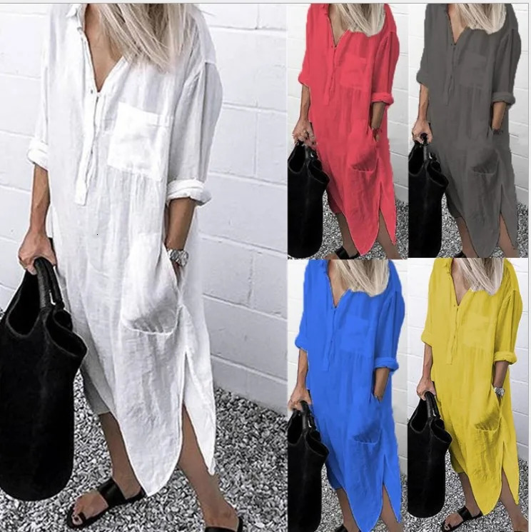 Vacation Beach Cover Up maxi Dress Women Cotton Linen Shirt Dress Summer long Sleeve Solid Button Casual Dresses Vintage Robes 250902