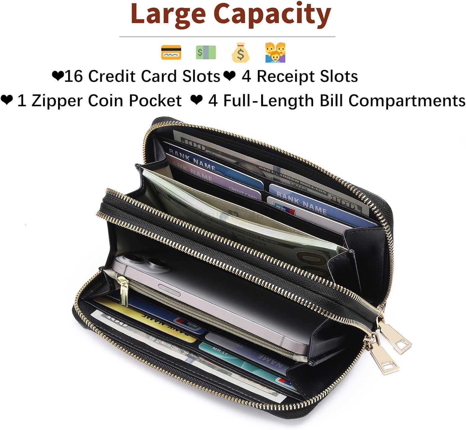 Womens Wallet Large Capacity Double Zip Ladies Card Phone Holder RFID Blocking Wristlet LeatherZ250911