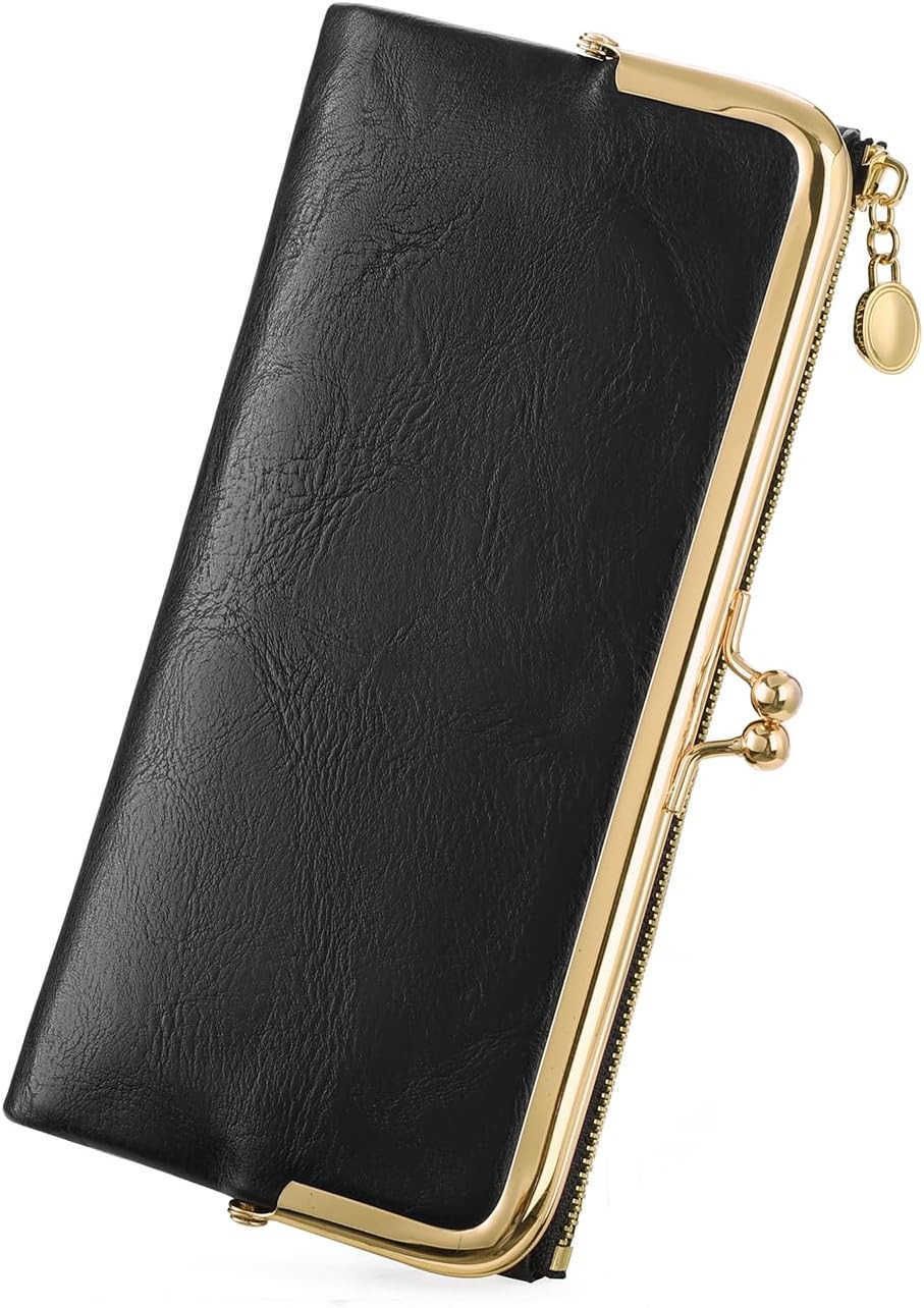 Womens Wallet Ladies Vintage Billfold Compact Card Holder Long Zip Clutch Purse with Kiss Lock BlackZ250911