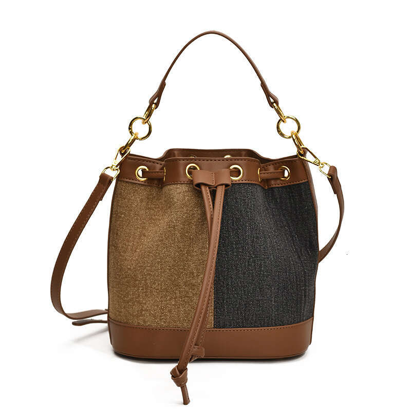 2025 Autumn Winter New Korean Version Niche Bucket for Women Trendy Color-Block Drawstring Handbag Fashionable Single Shoulder Crossbody Bag