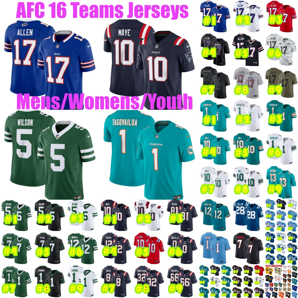 16AFCteams Josh Allen Football Jersey Tua Tagovailoa Drake Maye Garrett Wilson Ahmad Sauce Gardner Keon Coleman Tyreek Hill Jaylen Waddle Travis Hunter Jerseys