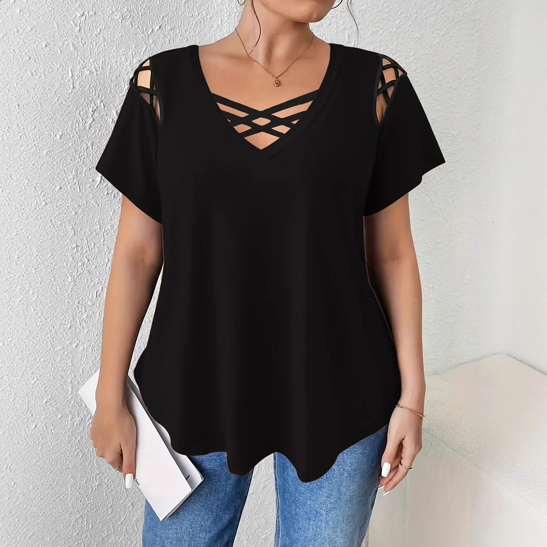 2025 New Womens Vneck Solid Color Short Sleeve Cross Strap Detail Tshirt Womens Fashion 250526