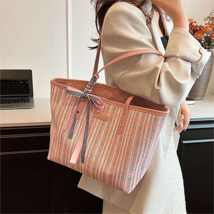 DHpet_wholesale Women's Plaid Tote Bag - Large Capacity Shoulder Bag for Work Commute, Fashionable Big Purse with Double Straps, Pink & Blue