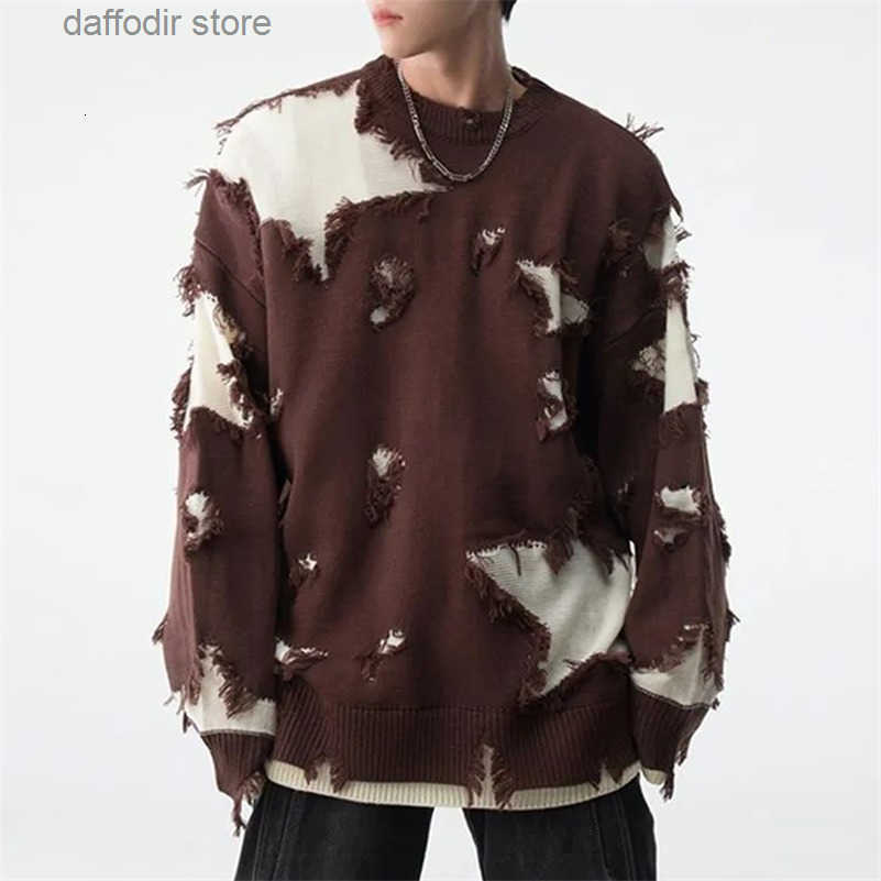 Mens Autumn Winter Y2k Hole Distressed TwoPiece Sweater Essential Oversize Loose Trendy High Strt Retro Knitted Sweater 240927 S250902