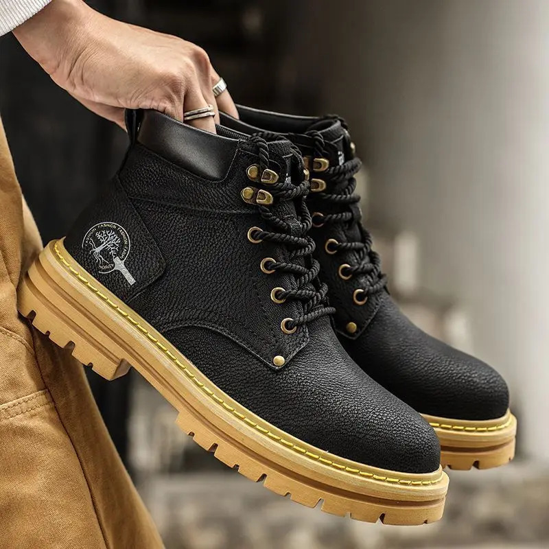 Men Ankle Boots Platform Leather 2025 Fashion Brown Laceup Boot High Top Comfortable Casual Shoes Nonslip Work y250902