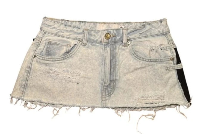 Street Style Womens Light Blue Denim Mini Skirt with Ripped n Unique Number 4 Graphic Patch Trendy Summer Casual Fashion 250902