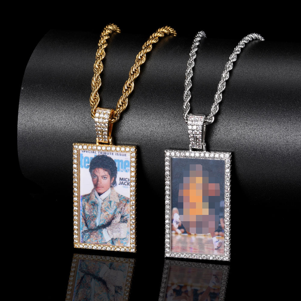 Hip Hop Picture Customized Necklaces Rectangle Iced Out Personalized Photo Necklace